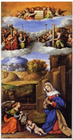 Madonna in adoration of the Christ Child and angels with the instruments of Passion